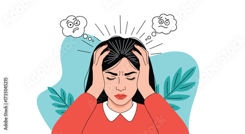 A woman experiencing stress and anxiety holding her head in her hands while thinking negative thoughts.
