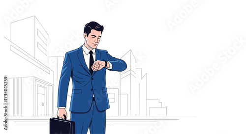A businessman checks his watch while holding a briefcase in front of office buildings.