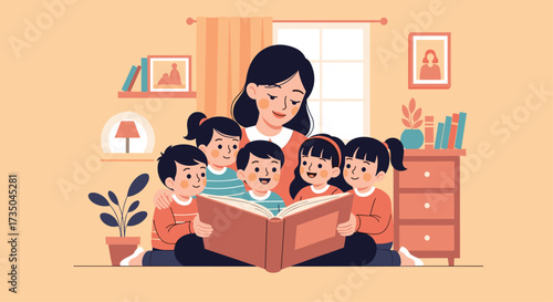 A caring teacher reading a book to a group of happy children.