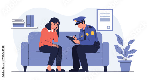 A police officer interviews a distressed woman sitting on a sofa in an office.
