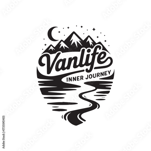 A stylized logo featuring mountains, water, a moon, stars, and the words "Vanlife Inner Journey.".