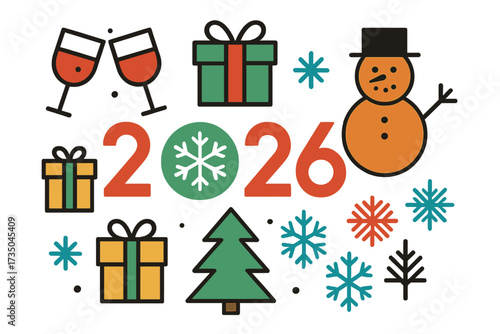 Happy New Year 2026 greeting card banner. Christmas celebration with geometric icons. Winter holiday design with snowman, gift box, tree, wine glass and snowflake symbols.