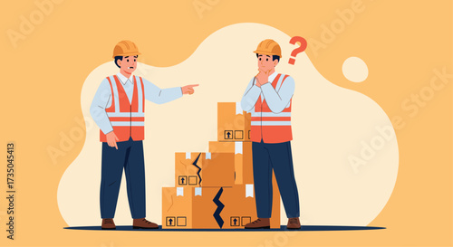 Two construction workers stand near damaged boxes with one pointing and the other looking confused.
