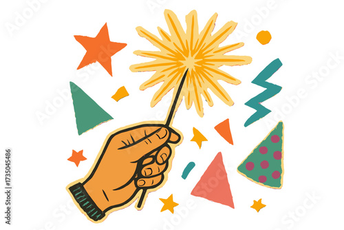 Hand holding sparkler in 90s vintage collage style. Retro party celebration concept with torn paper cutouts. Vector illustration for a New Year greeting card or fun poster.