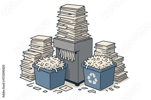 Paperwork overload and document shredding concept. Huge stacks of paper with office shredder and recycling bins. Bureaucracy, data destruction, and confidential information.