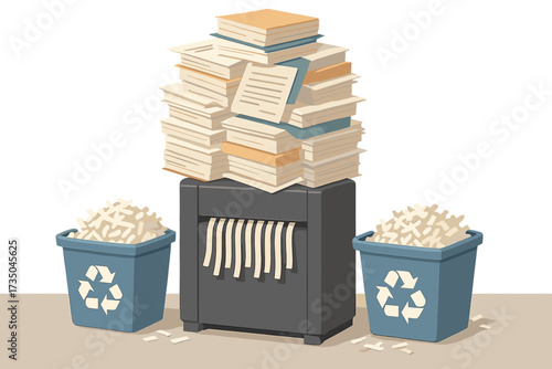 Paperwork overload concept. Pile of documents and paper stack on office shredder. Confidential data destruction and information security. Recycling with bins for shredded scraps.
