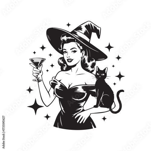 A glamorous witch with a cocktail and a black cat, in a vintage-style illustration.