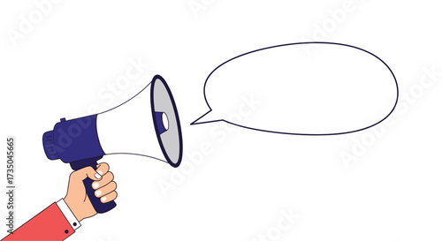 A hand holds a megaphone with a speech bubble to announce something to the public.