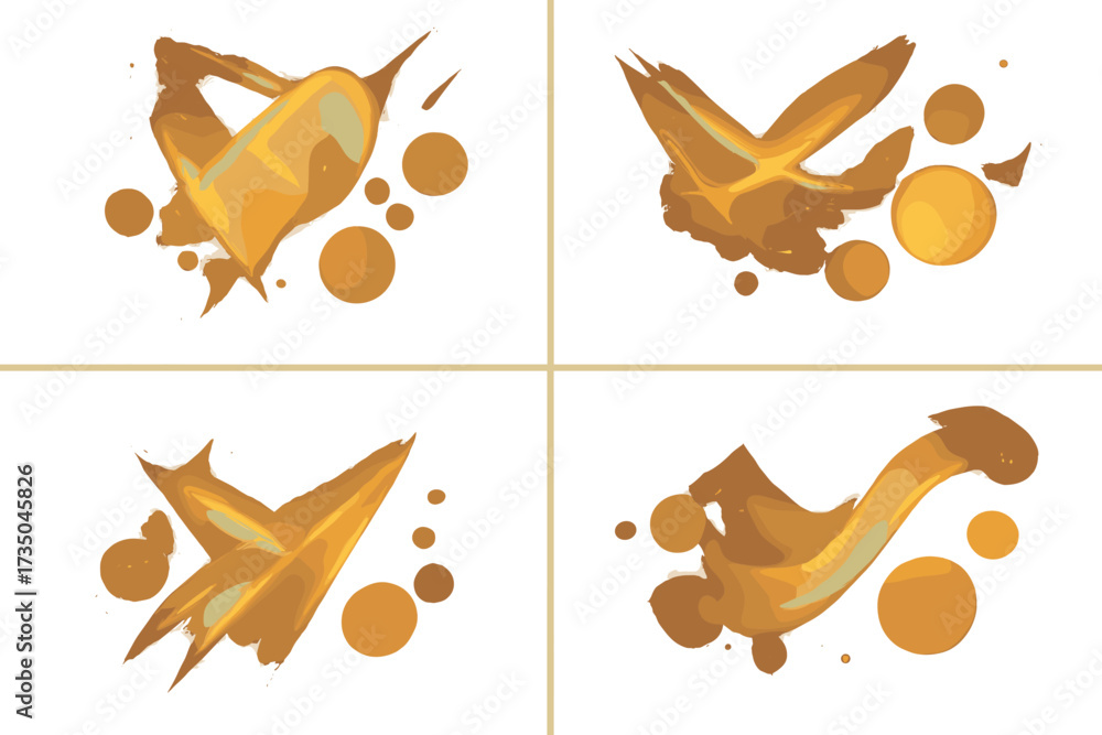 Golden brush strokes and liquid splashes set. Abstract collection of shiny gold textures. Luxury design elements with refraction, light flare, glow, and elegant bokeh effect.