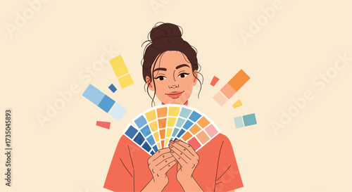 Young woman holding a color palette fan with a smile.