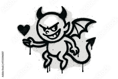 Cute graffiti devil with heart. Naughty winged demon character. Urban street art style. Black spray paint vector illustration with splatters and drips. Isolated design element.