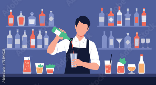 A bartender is making a drink behind the bar.