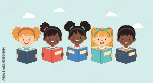 Diverse group of happy children reading books together in a classroom setting.