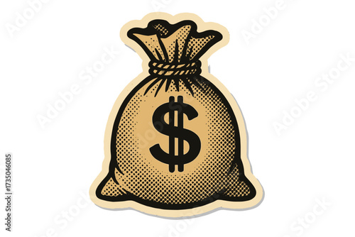 Money bag with dollar sign vector illustration. Vintage cartoon sticker style with halftone texture. Financial concept for banking, savings, wealth, profit, and investment.