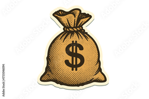 Vintage money bag with dollar sign vector illustration. Retro financial concept with halftone texture. Cartoon cash sack sticker for banking, profit, and wealth themes.