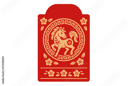Chinese New Year 2026, Year of the Horse. Vector of a traditional red envelope for lucky money. Angpao gift packet with a golden horse zodiac sign and flowers in paper cut style.