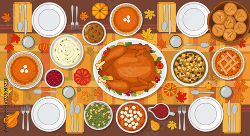 Thanksgiving Day traditional dishes vector illustration. Autumn food recipes.Roast turkey with side dishes top view