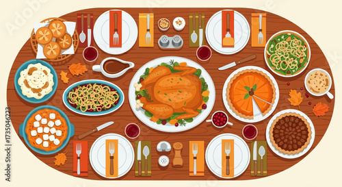 Thanksgiving Day traditional dishes vector illustration. Autumn food recipes.Roast turkey with side dishes top view