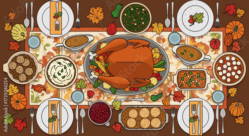 Thanksgiving Day traditional dishes vector illustration. Autumn food recipes.Roast turkey with side dishes top view