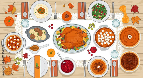 Thanksgiving Day traditional dishes vector illustration. Autumn food recipes.Roast turkey with side dishes top view
