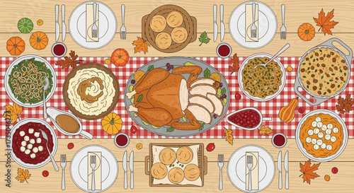 Thanksgiving Day traditional dishes vector illustration. Autumn food recipes.Roast turkey with side dishes top view