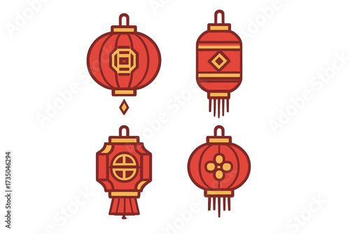 Chinese new year lantern vector icon set. Ornate red and gold traditional oriental lamps for lunar festival celebration. Decorative geometric graphic elements collection.