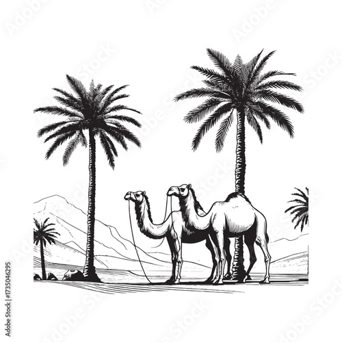 Desert Scene with Camel and Palm Tree
