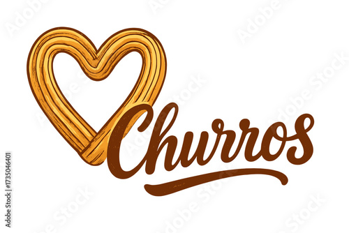 Churros lettering logo with heart shaped churro. Hand drawn vector illustration for bakery, cafe menu. Spanish or Mexican sweet dessert pastry design. Typography snack food icon.