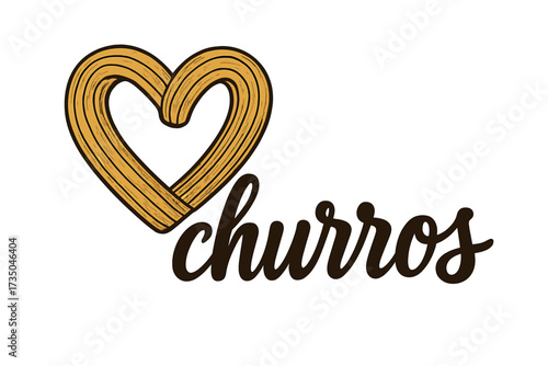 Churros lettering with heart shape. Love churro logo concept. Traditional Spanish Mexican dessert street food. Hand drawn vector illustration for cafe menu, bakery, pastry shop.