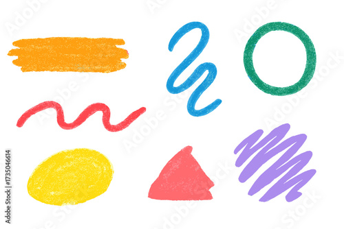 Colorful hand drawn crayon shapes set. Abstract doodle scribble collection. Vector chalk pastel texture strokes, lines and spots. Creative design elements for kids and artistic project.