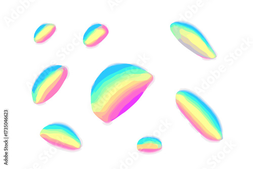 Colorful spots of reflected sunlight and rainbow light prism effect. Holographic glass dispersion and crystal flare leak shadow overlay. Abstract vector background design element.