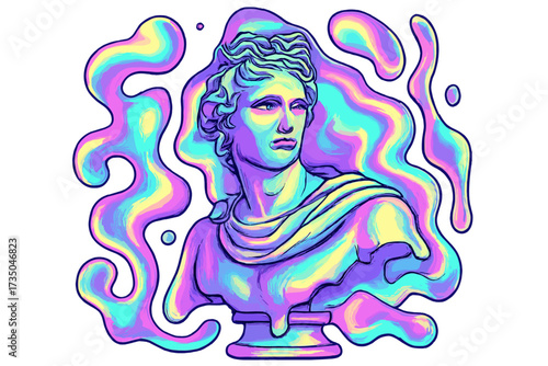 Vaporwave poster concept with a melting Apollo Belvedere bust. Psychedelic Greek marble sculpture with holographic, iridescent, and distorted fluid forms. Retrowave aesthetics.