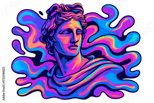 Vaporwave collage with Apollo Belvedere bust. Distorted melting marble sculpture in holographic retrowave style. Postmodern aesthetics with fluid psychedelic neon colors.