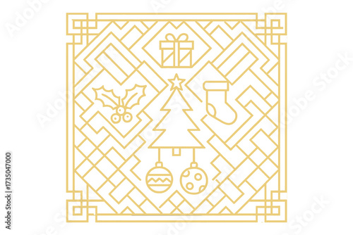 Art Deco Christmas linear frame with gold line icons. Merry Christmas & Happy New Year elegant geometric background. Luxury 1920s style vector illustration with festive symbols.