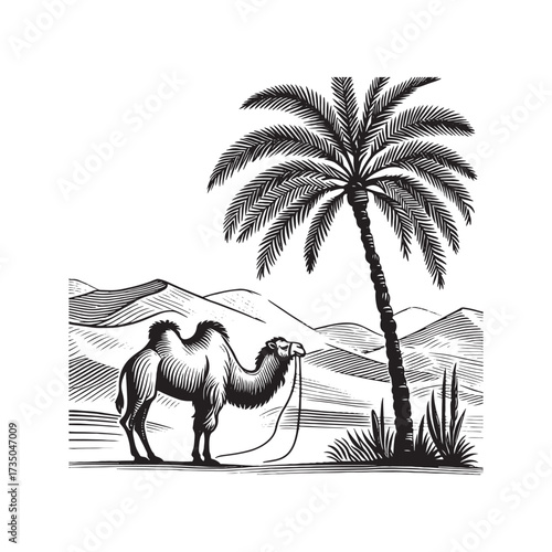 Desert Scene with Camel and Palm Tree