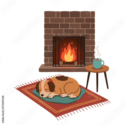 A cute dog peacefully sleeps on a comfy rug next to a warm, crackling fireplace with a steaming mug of cocoa on a small table in this cozy 2D flat vector illustration.