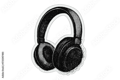 Halftone headphones vector illustration. Grunge music sticker with dotted photocopy texture. Retro audio headset icon isolated on transparent background. Vintage sound concept.