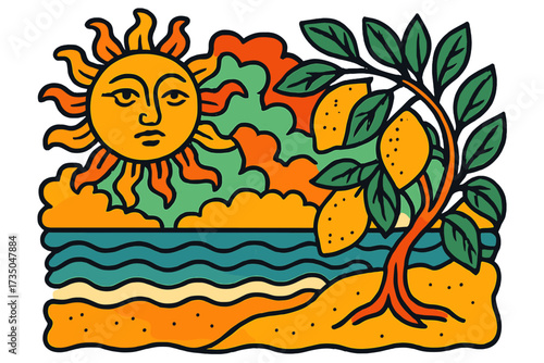 Psychedelic sun face with lemon tree on beach. Trippy retro 70s summer vibe landscape. Hippie doodle cartoon art. Mediterranean coast vacation. Groovy festival poster.