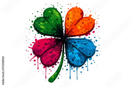 Lucky four-leaf clover made of colorful grunge spray paint splashes. Abstract urban graffiti art. Vector watercolor shamrock illustration. St. Patricks Day symbol of good luck.