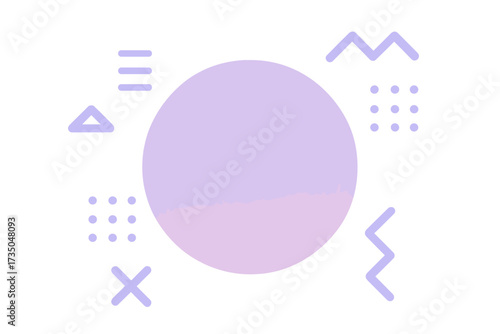 Abstract geometric background with a gradient circle. Memphis style design with pastel violet shapes. Modern minimalistic vector template for a poster, banner, or web design.