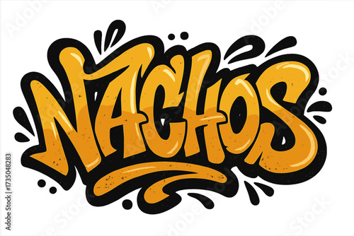 Nachos lettering in urban street graffiti style. Hand drawn vector illustration. Y2k brush calligraphy typography design for fast food menu, logo, or poster. Cartoon word art.