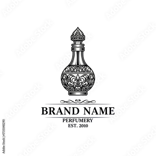 An elegant, vintage-style logo for a perfumery, featuring an intricately detailed, ornate perfume bottle on a white background.