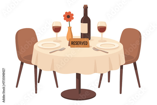 Reserved table in restaurant for a romantic date. Dinner for two concept. Cafe reservation with wine and flower vase. Anniversary celebration. Fine dining booking service vector.