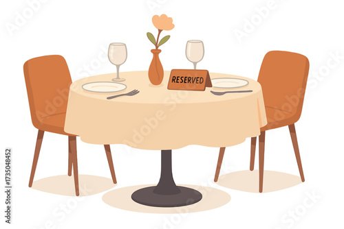 Reserved table in restaurant concept. Romantic date for two. Cafe reservation service. Dinner setting with chairs, wine glasses, tablecloth. Vector cartoon illustration booking.