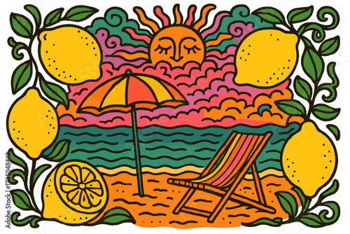 Psychedelic summer beach scene with lemon fruit frame, sun lounger and umbrella. Trippy doodle illustration with a vintage vibe. Tropical vacation, holiday and relaxation.