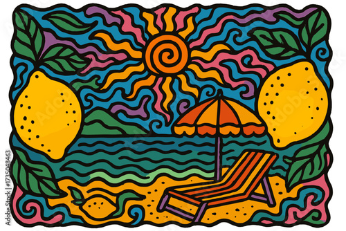 Psychedelic summer beach scene with lemons. Trippy doodle art with sun lounger and umbrella on the seashore. Vintage 70s groovy vibe for travel and vacation concepts. Flat vector.