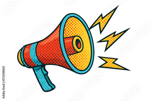 Retro pop art loudspeaker announcing sale promotion. Megaphone shouting an alert. Vintage 90s comic halftone vector illustration for advertising, marketing, and communication.