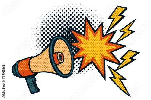 Retro pop art megaphone announcing crazy promotions. Loudspeaker with lightning bolts in a 90s comic style for advertising. Halftone vector illustration for sales and marketing.