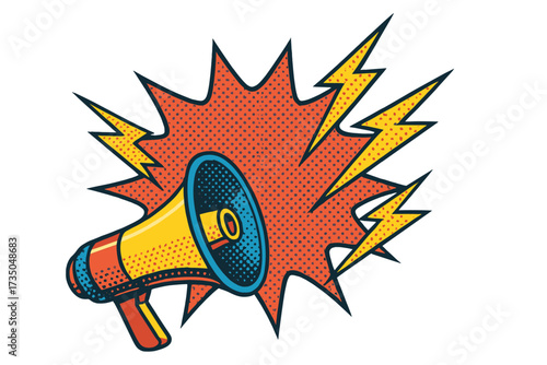 Retro halftone pop art loudspeaker announcing crazy promotions. Megaphone with dotted lightning. Stylish modern 90s advertising design for sale, alert, news, attention. Vector.