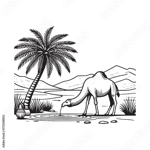 Desert Scene with Camel and Palm Tree